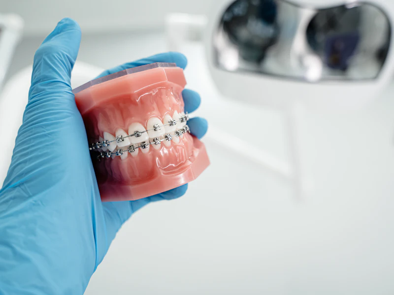 A gloved hand holding a model of teeth fitted with metal braces